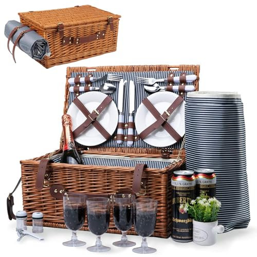 Picknickkorb-Set für 4 Personen, Weidenkorb Picknickkorb mit Isoliertem Kühlfach, Wasserdichter Decke und Besteck-Service-Set, Picknick Set für für Camping, Party im Freien und Familie/Paare Geschenke