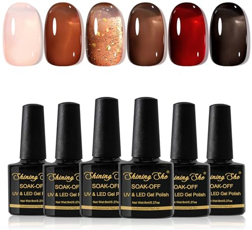 Shining She Gel Nail Polish Jelly, 6PCS Nude Pink Brown Red Black Sheer Nail Polish Kit Transparent Nail Polish Soak-Off UV/LED Nail Polish Gel Gift for Nail Art Salon DIY Home, 8ML