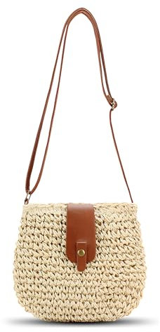 Bototack Straw Beach Bag for Women, Small Summer Crossbody Bag with Zipper, Bohemian Weave Handmade Shoulder Handbags for Beach Vocation Holiday (Beige)