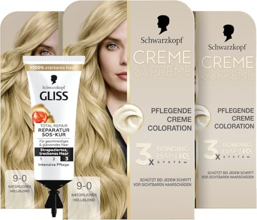 Schwarzkopf Creme Supreme Coloration 9-0 Natürliches Hellblond (3x 182 ml), dauerhafte Haarfarbe mit Serum und Haar-Maske & SOS-Intensiv-Kur Total Repair (15 ml), Haarkur mit Keratin