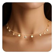 ALEXCRAFT Wasserfest Boho Halskette Damen Gold mit Rund Hammered Anhängern 14K Schmuck Kette Gold Länge 36+5cm