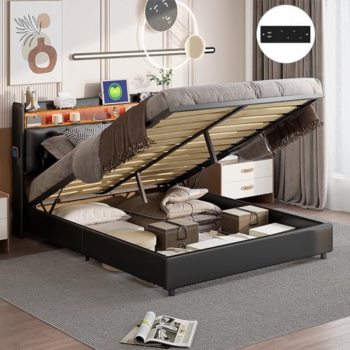 BRILVERDE Polsterbett 180x200 Doppelbett mit Stauraum-Kopfteil, Jugendbett mit LED und USB, Hydraulisch Stauraumbett, Bettgestell mit Lattenrost, Funktionsbett, PU (Schwarz, 180 x 200 cm)