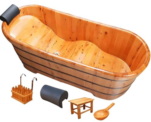 Badewanne Freistehend, 1.6m Duschbadewanne aus Massivholz, Große Badewanne Dusche mit Hocker, Kopfstütze, Hängekorb, Löffel, für Badezimmer, Dusche und Balkon