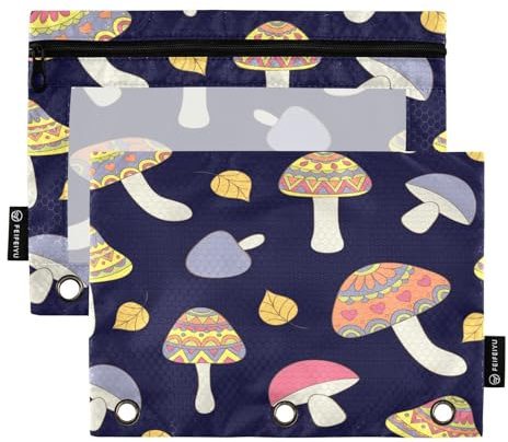 Astuccio colorato con funghi per raccoglitori a 3 anelli con cerniera, confezione da 2 astucci con finestra trasparente, astuccio per cosmetici per ufficio e università, Multicolore, Taglia unica