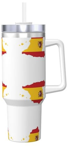 KOUUIP Taza de café de acero inoxidable de doble pared con tapa y asa de 40 onzas con mapa de la bandera de España