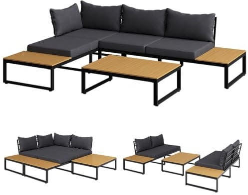 STEELSØN Zandra Gartenlounge Outdoor – modulares Gartenmöbel Set mit Ecksofa & Tisch wetterfest – Balkonmöbel aus Akazien Holz & Stahl mit Kissen in schwarz – Loungemöbel für Garten/Terasse/Balkon