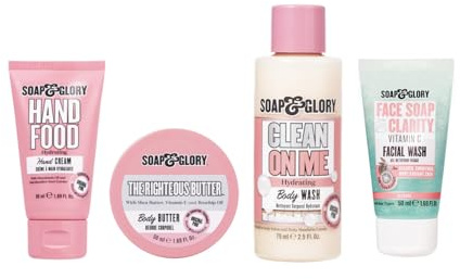 Soap & Glory Skin Care Gift Set - Includes Hand Food Hand Cream, The Righteous Body Butter Cream, Clean on Me Shower Gel & Face Soap and Clarity Vitamin C Facial Cleanser (4 Pieces)