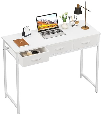 WOHOMO Small Computer Desk with Drawers, 39.3 Inch Vanity Desk with Storage, Home Office Computer Desk for Small Spaces, Modern Work Writing Study Table, White