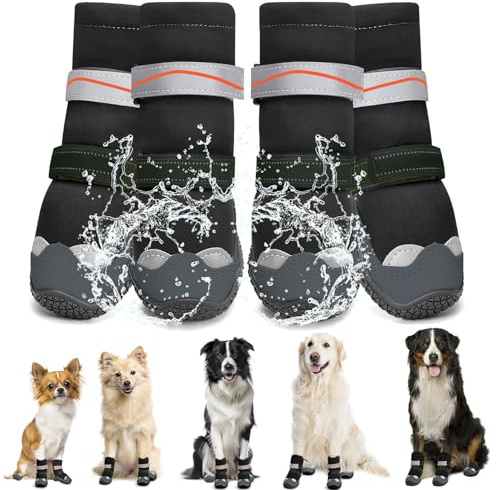 Eyein Hundeschuhe Pfotenschutz Wasserabweisend, hohem Design Hundeschuhe mit warmem Fleece und reflektierenden Riemen, rutschfeste Hunde Schuhe für Regen- und Schneewetter (Schwarz, Größe 7)