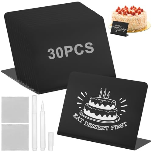 30 Beschriften Klein Kreidetafel mit 2 Stifte & 2 Putztuch,100x75mm Buffet Schilder Set,L-Form Preisschilder Aufsteller, Mini Tischkarten für Nachrichtenschilder,Schiefertafel Klein für Buffet Partys