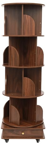 OUKANING Drehbares Bücherregal 4-Etagen mit 16 Fächern und Rollen, Bücherregal Massivholz bis 35kg Tragkraft, Platzsparendes Stehregal und Bremse für Wohnzimmer, Büro, Bibliothek (Nuss-braun)