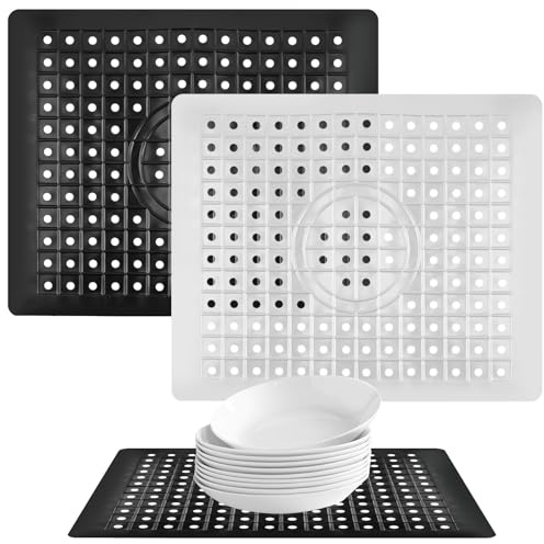 2 Pièces Tapis Evier Cuisine pour Cuisine, Salle de Bain, Évier de Jardin | Tapis D'évier de Cuisine Découpable en Caoutchouc Souple, 31 x 26 cm Pliable Protege Evier Antidérapant (Blanc + Noir)