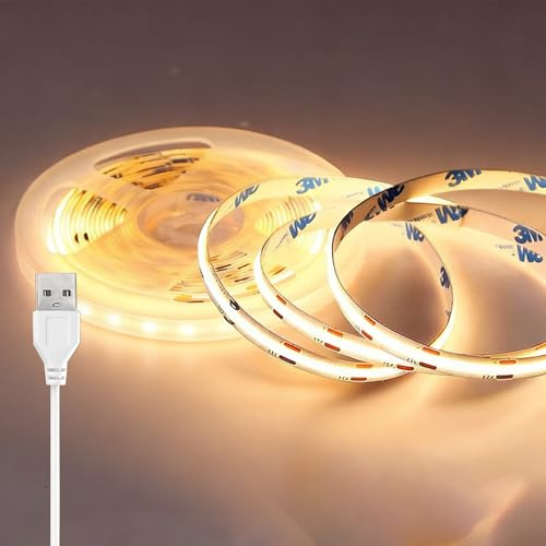 USB COB LED Strip Light 3m, 3000K Warm White Led Mirror Lights for TV Back | Self Adhesive Flexible Cuttable LED Lights Strip IP20, 320LEDs/m, CRI 90+, 8mm Width, for Wardrobe, Cabinet, Home Decor