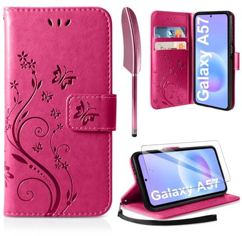 AROYI Lederhülle für Samsung Galaxy A57 5G Hülle und Schutzfolie | Rosenrot Flip Wallet Handyhülle PU Leder Magnet Ständer Tascher Kartenfach Case Schutzhülle