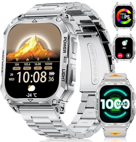 Militär Smartwatch Herren mit 1000 mAh,2,01 HD Großes Touchscreen Smartwatch mit Telefonfunktion/Herzfrequenz/SpO2/Schlafmonitor, IP68 Wasserdicht Fitnessuhr mit 120+Sportmodi für iOS Android,Silber