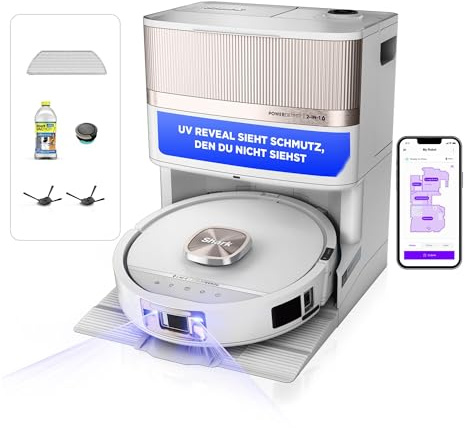 Shark PowerDetect UV Reveal Saug- & Wischroboter, StainDetect, DirtDetect | selbstentleerende Ladestation, Anti-Allergen-HEPA-Filtration, selbstreinigendes und -trocknendes Wischpad, Weiß AV3010XEEUWH