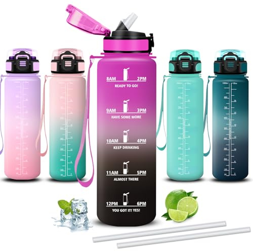 Mujigaga Wasserflasche- 1l- Trinkflasche Sport, Trinkflasche mit Strohhalm, Leicht zu Reinigen, Wasserflasche Auslaufsicher, Kann mit dir Tragen, Flasche für Wandern, Yoga, Camping, Klettern