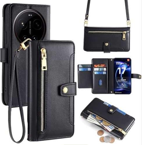 betterfon Handyhülle mit Portemonnaie für Xiaomi 17 Ultra - Tasche mit Reißverschluss, 5 Kartenfächer und 2 abnehmbare Ketten, Schwarz