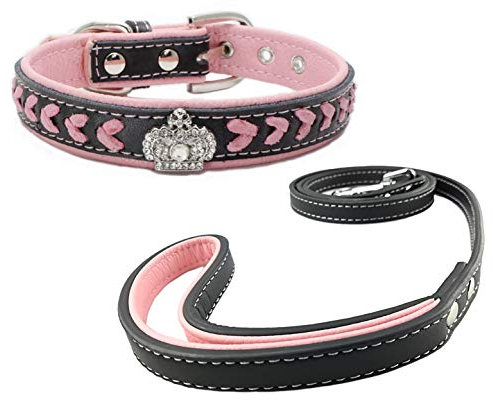 Newtensina Hundehalsband und Leine Set Nylonbänder gewebter Bling Kragen Leder Diamante Welpen Halsband mit Leinen für Hunde - Pink - S