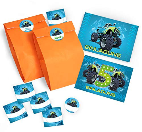 12 Einladungskarten 5. Geburtstag Kinder Jungen Jungs Monster-Truck/Auto/Einladungen zum fünften Kindergeburtstag incl. 12 Umschläge, 12 Tüten/orange, 12 Aufkleber