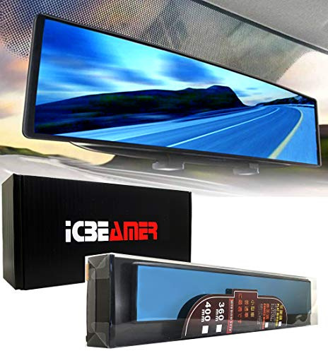 ICBEAMER 40 cm Auto-Rückspiegel, Panorama Weitwinkel, HD blaues Tönungsglas, Innen Clip-On, Flach, Autospiegel, blendfrei, Autozubehör, universell für Pkw, Truck, SUV, 1 Stück