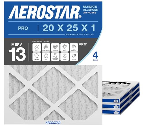 Aerostar MERV 13 Lot de 4 filtres à air de protection contre les allergènes pour une maison saine, 20 x 25 x 1, boîte de 4, fabriqué aux États-Unis