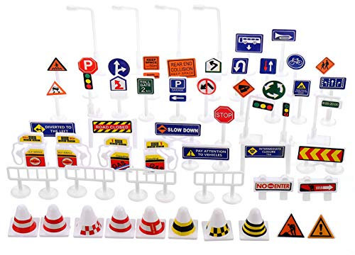 Kisangel 56Pcs Street Road Signs Playset Traffic Signs Playset Mini Electric Traffic Lights Toy Road Signs for Children Play