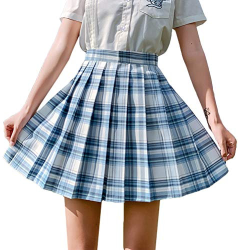 Minetom Damen Kariert Kilt-Rock Faltenröcke Tartan Minirock Hohe Taille Kurz Skirt Skater Rock Informell Mini Glocken Rock Blau L