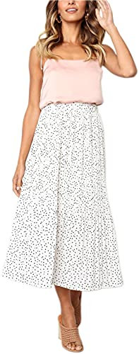 HOEREV Donna Stampa Punto con Tasche Plissettate Gonna Lunga Festa in Spiaggia Maxi Gonna, Piccolo Piccolo Punto Bianco Nero Bianco,Small