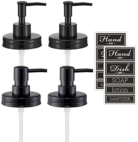 Onsogi Regular Mouth Plastic Mason Jar Soap Dispenser Pumps and Lids- Rust-Proof Mason Jar Accessories Rustic Farmhouse Kitchen Counter Top Bathroom Decor and Organization - 4 Pack