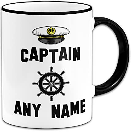 Personalised Captain Any Name Mug - Narrowboat Canal Boat Ship Barge - Black Handle/Rim