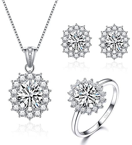 Cangall Schmuck Set Silber 925 Damen, 925 Sterling Silber Halskette Ohrringe Ring Set, Silber Prinzessin Diana Schmuckset mit Weiß Zirkonia, Silber Luxus Hochzeit Schmuck Set, Geschenk zum Geburtstag