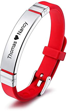 INBLUE Bracciale con Targhetta Personalizzata Nome/Citazione Targhetta in Acciaio Inossidabile Bracciale Regolabile in Silicone per Uomo Donna (Cinturino Rosso e Etichetta Argento)