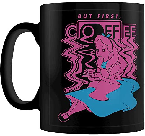 Pyramid International Tazza Disney Alice nel paese delle meraviglie in confezione regalo (But First, Coffee Design) 311,8 g in ceramica nera – Merchandising ufficiale, nero, blu