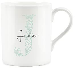 Purely Home Floral Green Letter J Mug - Small Custom Bone China Coffee Tea Mug Present Personalised Initial Gift