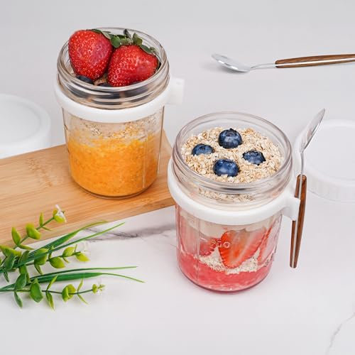 Winter Shore Pot en Verre avec Couvercle et Cuillère [Lot de 2] - Recipient Verre Transparent Gradués - Couvercles avec Joint Silicone - Pour Flocons d'Avoine, Céréales, Salade, Yaourt - 350 ml