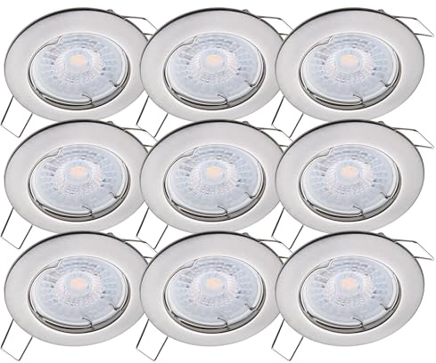 Oktaplex 9er Set Sedan LED Deckenspots 230V Einbaustrahler ultra flach 22mm | Warmweiß 2700K, Lochmaß 60mm, 4,8W, 380lm, 110° Spots Deckenleuchte Edelstahl gebürstet rund flach