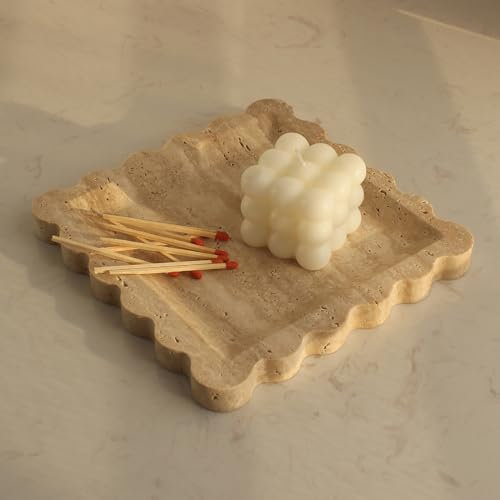 Natural Marble Tray with Scalloped Edge, Luxury Handmade Square DecorativeTray, Catch AllTray for Counter, Dresser, Nightstand and Home Décor (Beige Travertine)