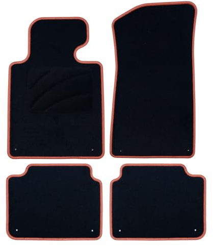 OCC DESIGN - Maßgeschneiderte Fußmatten, passend für BMW E46 Cabrio (2000-2007), hochwertiger Teppich, Velours/Polypropylen, Originalverankerung, rutschfest, Fersenschale, orangefarbener Zierstreifen