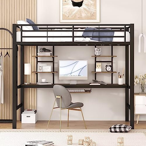 Dolamaní Hochbett 90x200cm mit Schreibtisch, Metallbettgestell mit Zwei Bücherregalen und einem integrierten Schreibtisch, inklusive Lattenrost, für Kinder, Jugendliche (Schwarz)