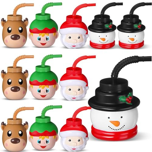 Sliner 12 Pack Christmas Party Favor Gift Cups with Straws and Lids, 10 oz Plastic Cute Santa Claus Elk Snowman Elf Christmas Holiday Cups for Winter Xmas Birthday Party Gifts Supplies