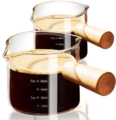 PARACITY Espresso Cups with Wood Handle Set of 2, Double Spout Glass Espresso Coffee Cup with Dual Scale, Espresso Cup with V-Shaped Mouth, Clear Glass Espresso Accessories 75ML