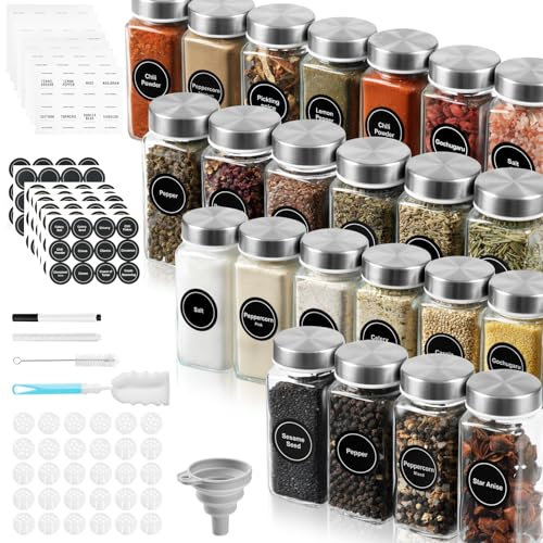 Moreau Set de 24 Pots à Épices Carrés,120ml Bocaux à Épices en Verre-Boite a Epices Cuisine Rangement,avec Étiquettes, Brosser, Entonnoir