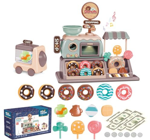 Donut Spielzeug Süßwarenladen Realistischer funktionaler Donut Ofen mit Licht und Sound Tragekorb Süßwarenladen Spielzeug 34pcs Kinder-Einkaufsgeld Nachtisch Pädagogisches Spielset für Kinder