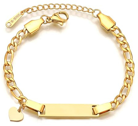 JewelryWe Personalisiert Armband Kinder Baby Edelstahl Hochglanz Poliert Figarokette Kinderarmband Babyarmband Armkette mit Gravur für Junge Mädchen