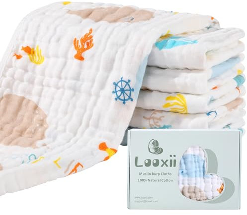 Looxii Spucktücher Baby 6er Set 100% Baumwolle Mulltücher Baby 27x47 cm Moltontücher Waschlappen Musselintücher 6 Lagig Mullwindeln Stoffwindeln für Neugeborene - Mehrfarbig