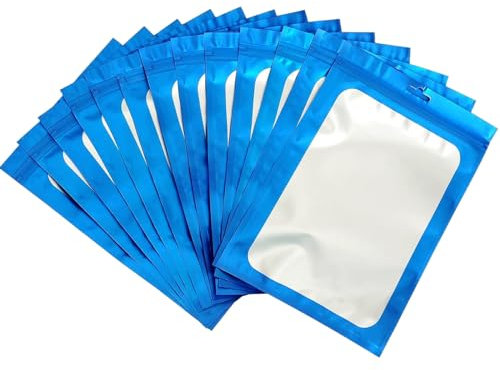 100 Sacchetti di Alluminio Riutilizzabili Impermeabili con Zip, Blu Mylar - Per Dolci, Gioielli, Caffè e Collezionabili - Design Piatto Con finestra trasparente (14x20cm)