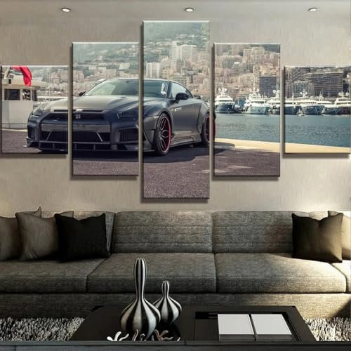5 teilige leinwandbilder Schwarze Supercar-Poster Kunstdrucke 5 Teilig Vlies Leinwandbild,Wandkunst 5 stück Leinwand Bilder,Wohnzimmer Schlafzimmer Wand Dekoration,mit rahmen xxl bilder 200x100cm
