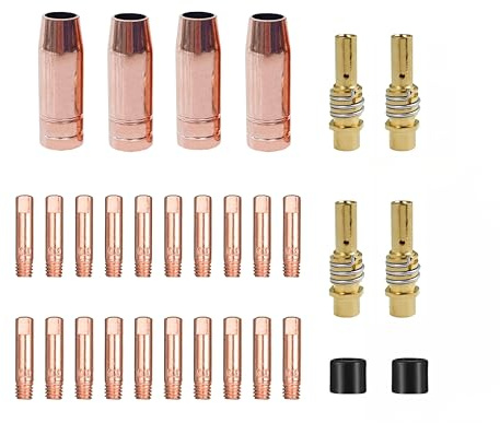 30 Stück Verschleißteile Set, Schutzgasschweißgerät Zubehör, Schweißzubehör passend MB15 15AK, 4 x Gasdüsen, 20 x Stromdüse M6 0,8mm, 4 x Düsenstock, 2 x Isolatoren (0,8mm)