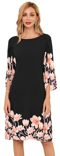 GRACE KARIN Robe en Mousseline de Soie pour Femme Manches 3/4 D'Été Décontractée de Mariée Festive Coupe Ample Cocktail Élégante Fleurs Roses sur Noir M